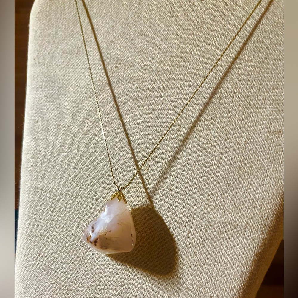 Flower Agate Smooth Stone Pendant on Delicate Gold Chain - Picture 2 of 7